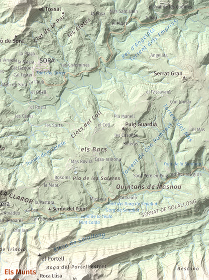 Mapa de relieve de Els Munts, 1057 m, Osona, lámina 100 Cims de Trobart. Detalle de la zona superior derecha. 30 × 40 cm.