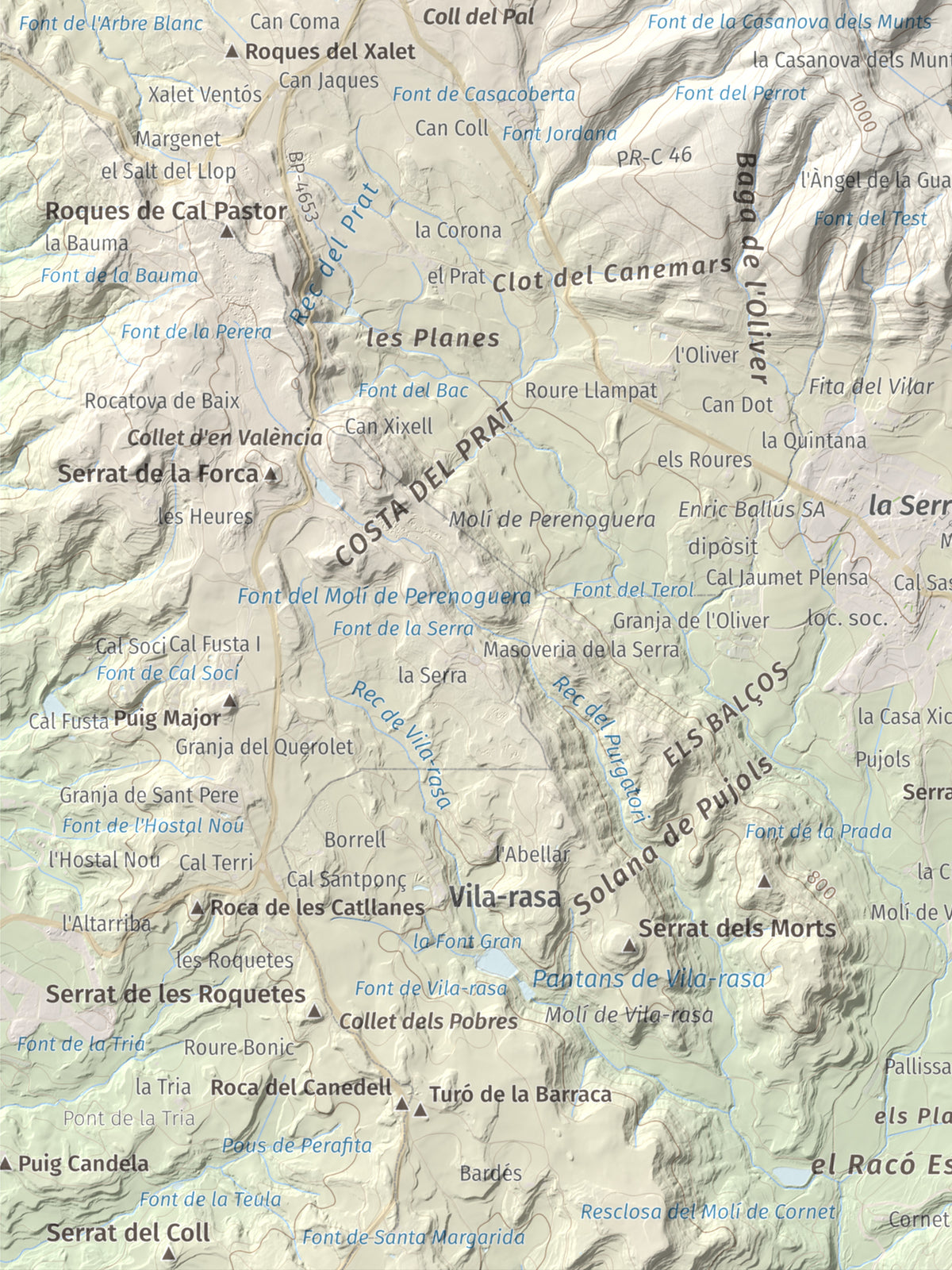 Mapa de relieve de Els Munts, 1057 m, Osona, lámina 100 Cims de Trobart. Detalle de la zona inferior izquierda. 30 × 40 cm.