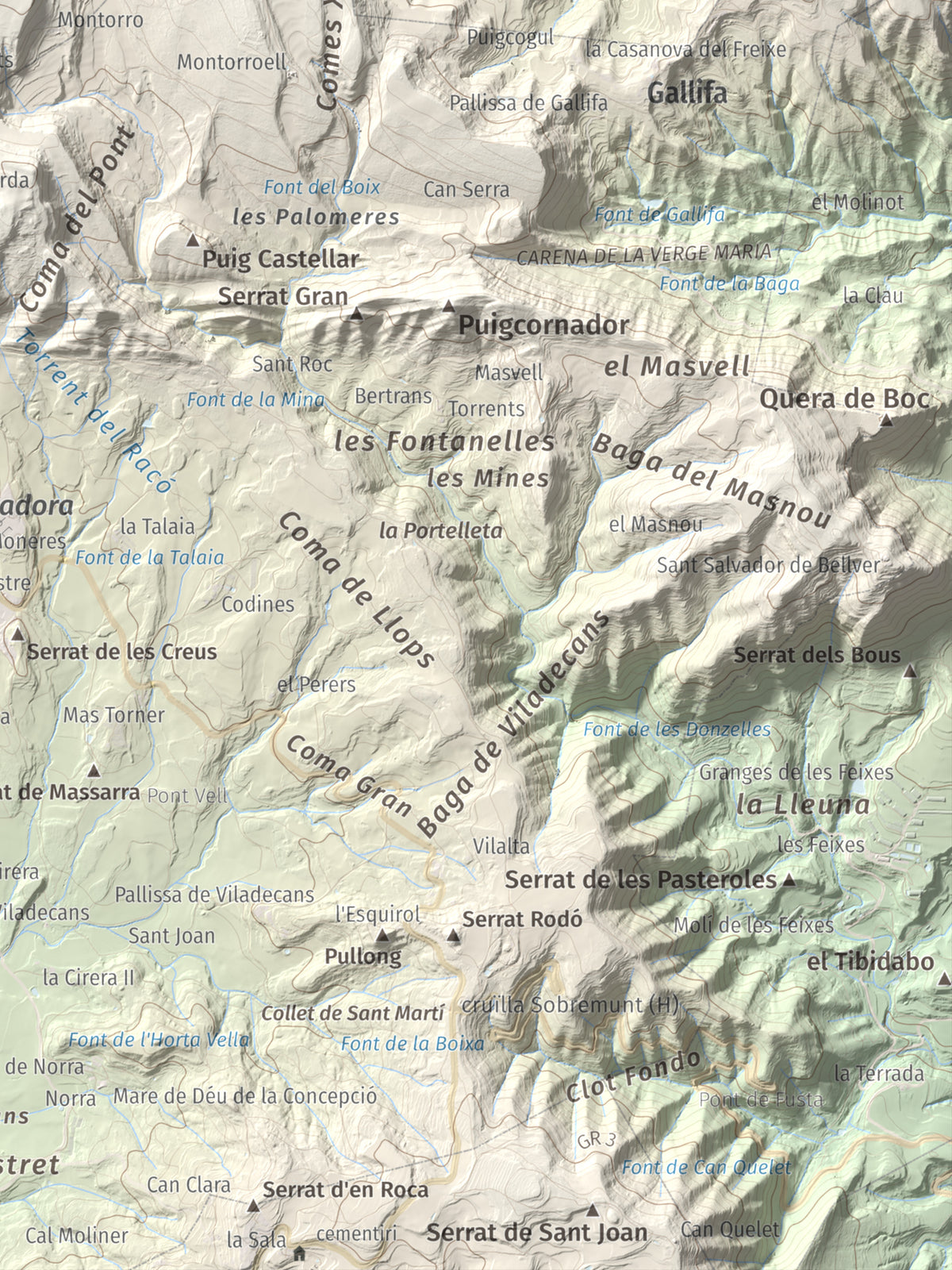 Mapa de relieve de Els Munts, 1057 m, Osona, lámina 100 Cims de Trobart. Detalle de la zona inferior derecha. 30 × 40 cm.