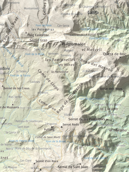 Mapa de relieve de Els Munts, 1057 m, Osona, lámina 100 Cims de Trobart. Detalle de la zona inferior derecha. 30 × 40 cm.