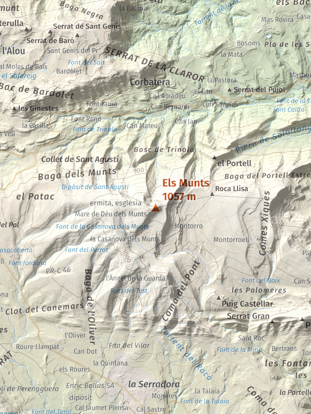 Mapa de relieve de Els Munts, 1057 m, Osona, lámina 100 Cims de Trobart. Detalle de la zona central. 30 × 40 cm.