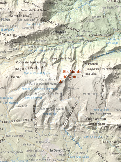 Mapa de relieve de Els Munts, 1057 m, Osona, lámina 100 Cims de Trobart. Detalle de la zona central. 30 × 40 cm.
