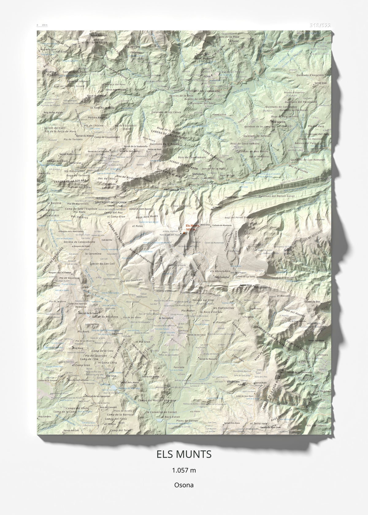 Mapa de relieve de Els Munts, 1057 m, Osona, lámina 100 Cims de Trobart 50 × 70 cm.