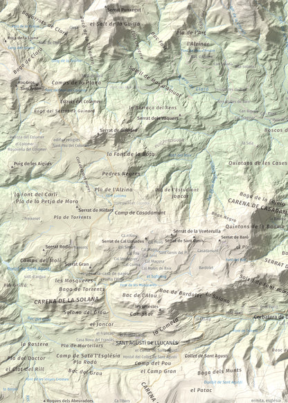 Mapa de relieve de Els Munts, 1057 m, Osona, lámina 100 Cims de Trobart. Detalle de la zona superior izquierda. 50 × 70 cm.