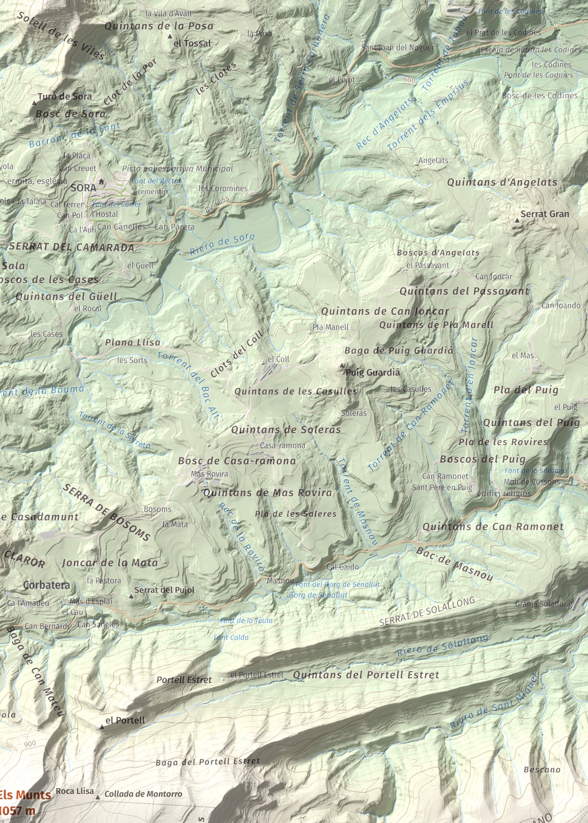 Mapa de relieve de Els Munts, 1057 m, Osona, lámina 100 Cims de Trobart. Detalle de la zona superior derecha. 50 × 70 cm.