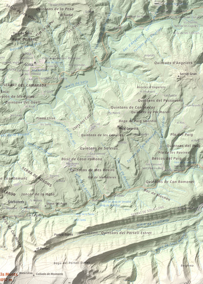 Mapa de relieve de Els Munts, 1057 m, Osona, lámina 100 Cims de Trobart. Detalle de la zona superior derecha. 50 × 70 cm.