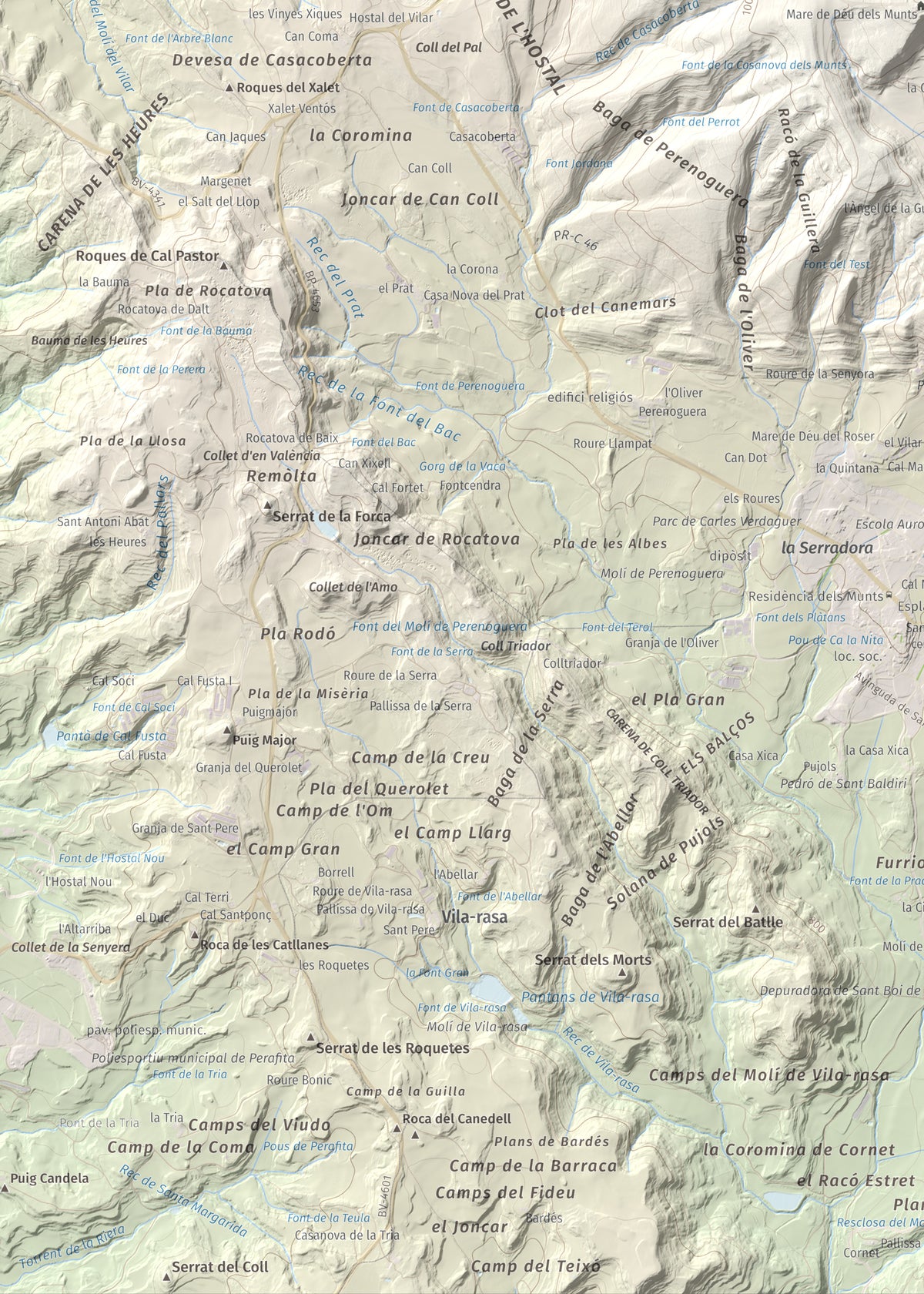 Mapa de relieve de Els Munts, 1057 m, Osona, lámina 100 Cims de Trobart. Detalle de la zona inferior izquierda. 50 × 70 cm.