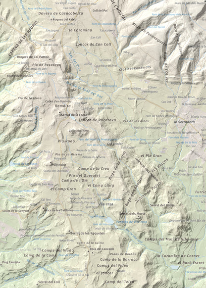 Mapa de relieve de Els Munts, 1057 m, Osona, lámina 100 Cims de Trobart. Detalle de la zona inferior izquierda. 50 × 70 cm.