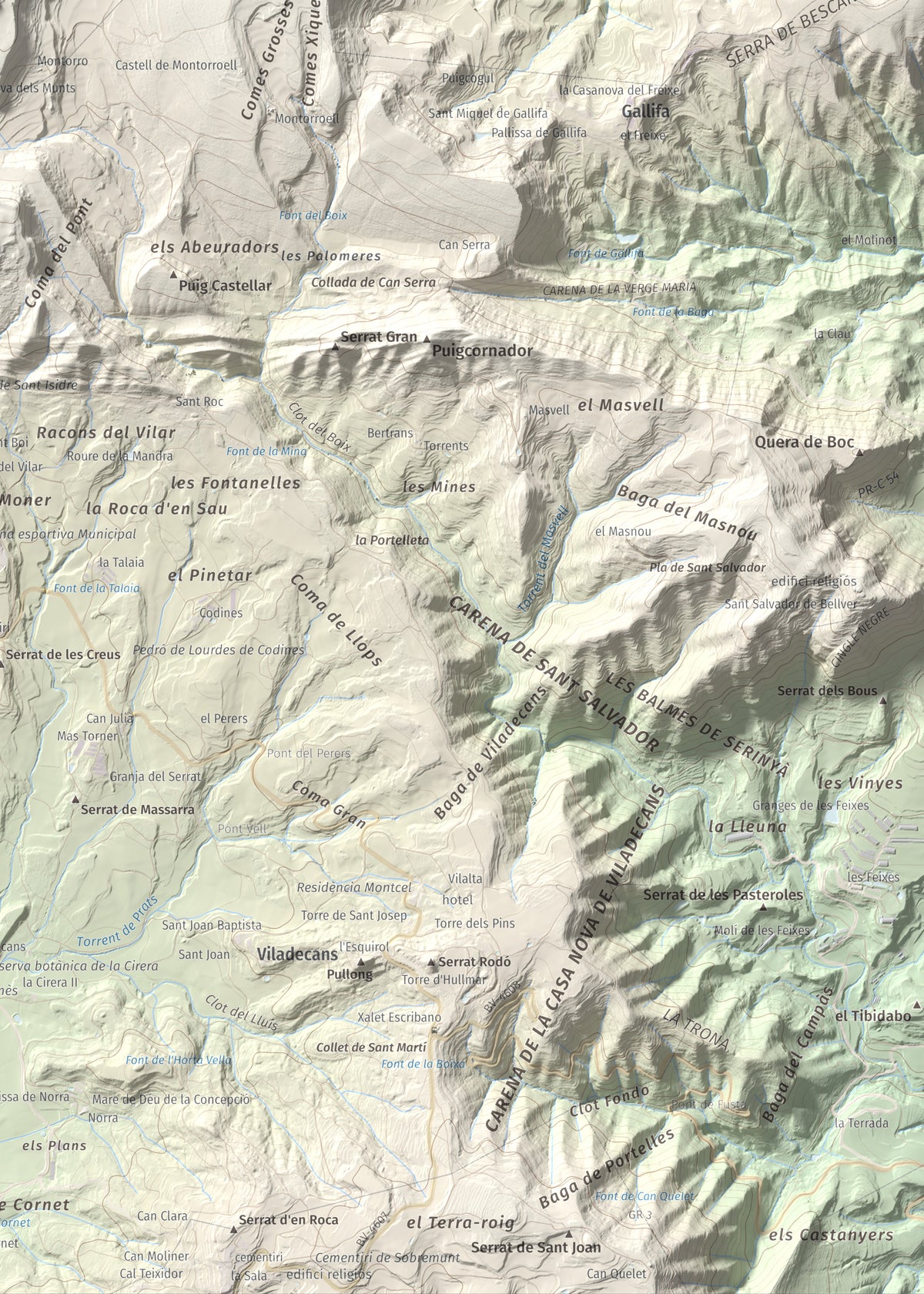 Mapa de relieve de Els Munts, 1057 m, Osona, lámina 100 Cims de Trobart. Detalle de la zona inferior derecha. 50 × 70 cm.