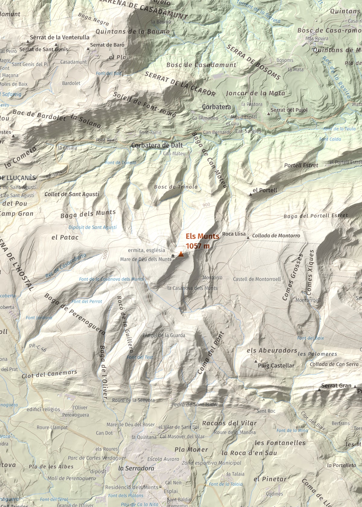 Mapa de relieve de Els Munts, 1057 m, Osona, lámina 100 Cims de Trobart. Detalle de la zona central. 50 × 70 cm.