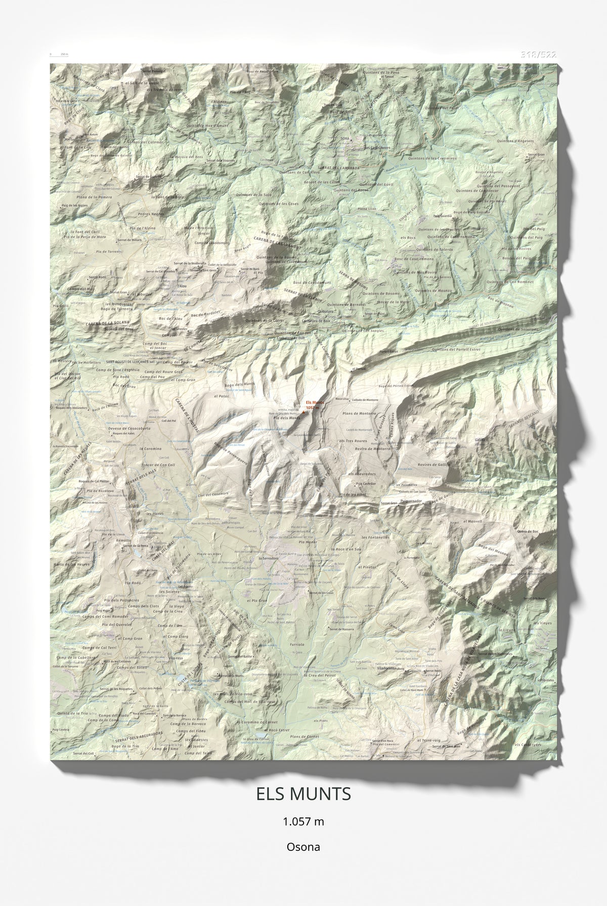 Mapa de relieve de Els Munts, 1057 m, Osona, lámina 100 Cims de Trobart 61 × 91 cm.