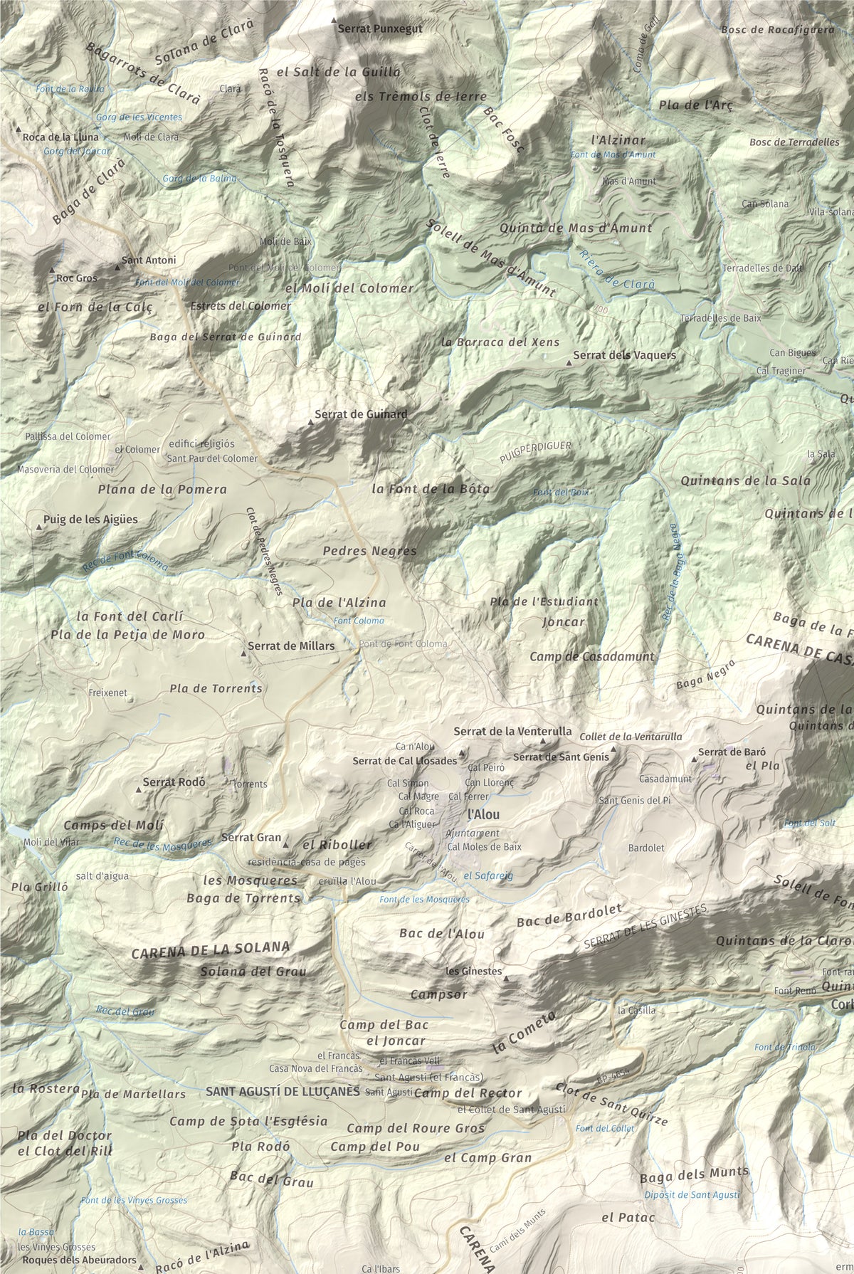 Mapa de relieve de Els Munts, 1057 m, Osona, lámina 100 Cims de Trobart. Detalle de la zona superior izquierda. 61 × 91 cm.