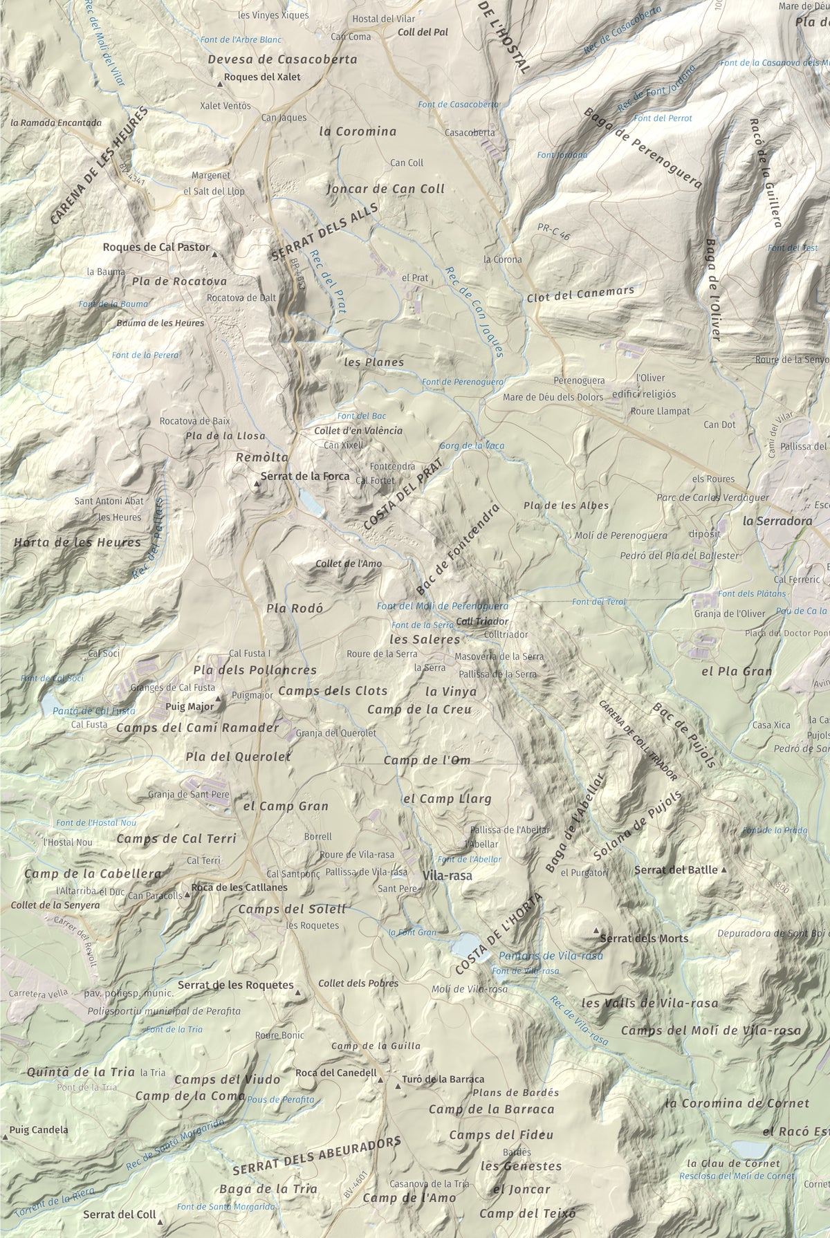 Mapa de relieve de Els Munts, 1057 m, Osona, lámina 100 Cims de Trobart. Detalle de la zona inferior izquierda. 61 × 91 cm.