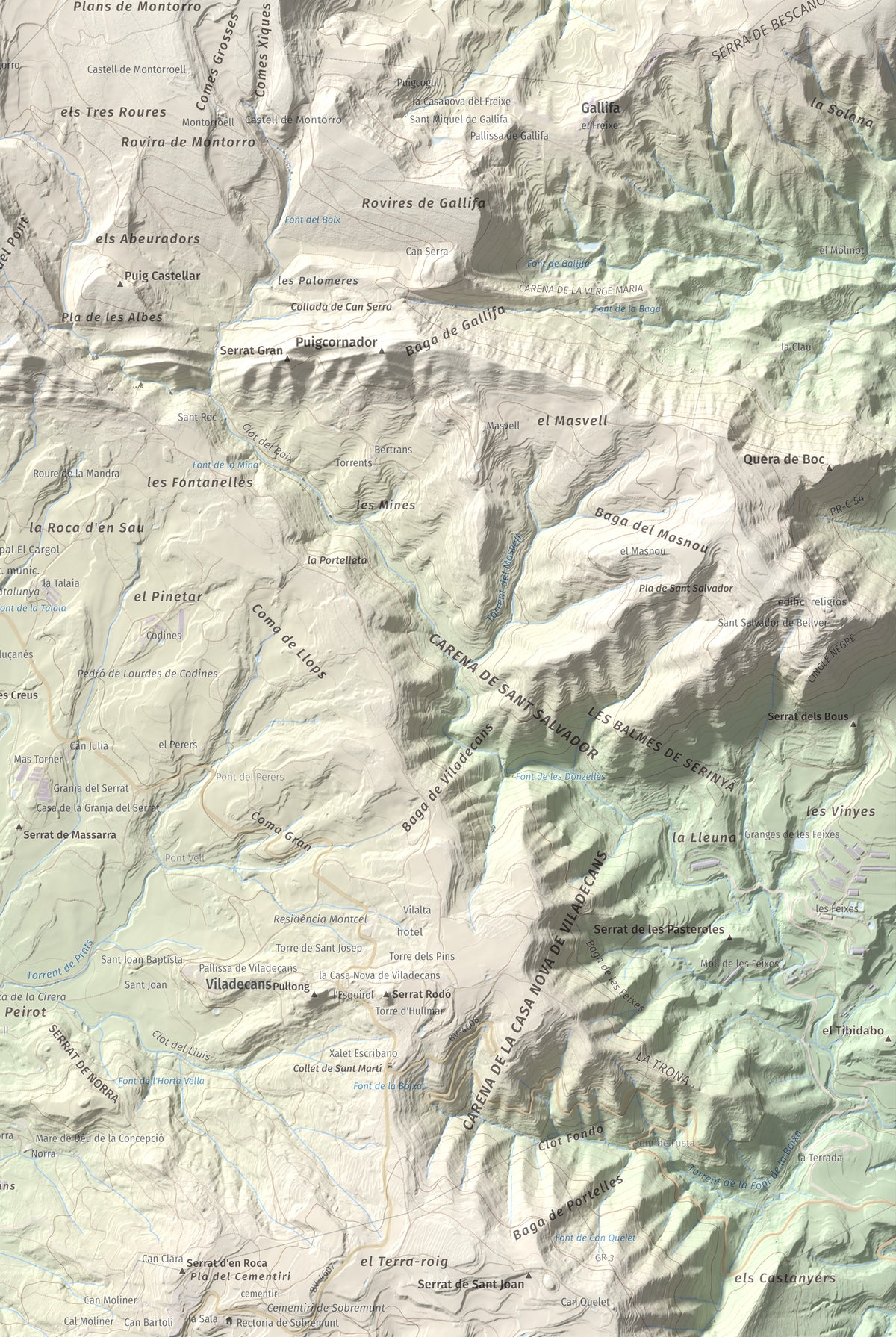 Mapa de relieve de Els Munts, 1057 m, Osona, lámina 100 Cims de Trobart. Detalle de la zona inferior derecha. 61 × 91 cm.