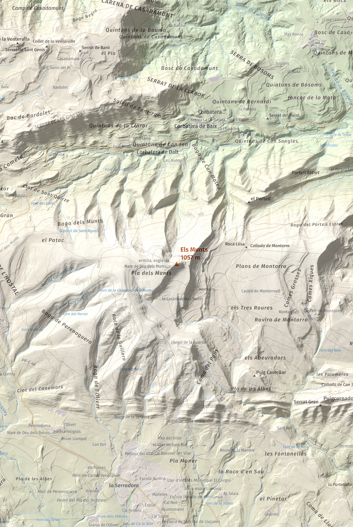 Mapa de relieve de Els Munts, 1057 m, Osona, lámina 100 Cims de Trobart. Detalle de la zona central. 61 × 91 cm.