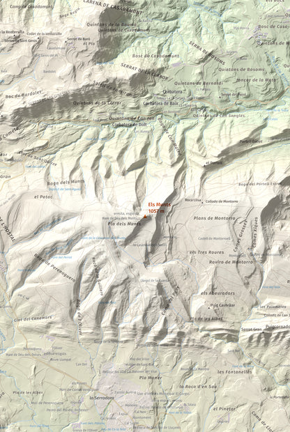 Mapa de relieve de Els Munts, 1057 m, Osona, lámina 100 Cims de Trobart. Detalle de la zona central. 61 × 91 cm.