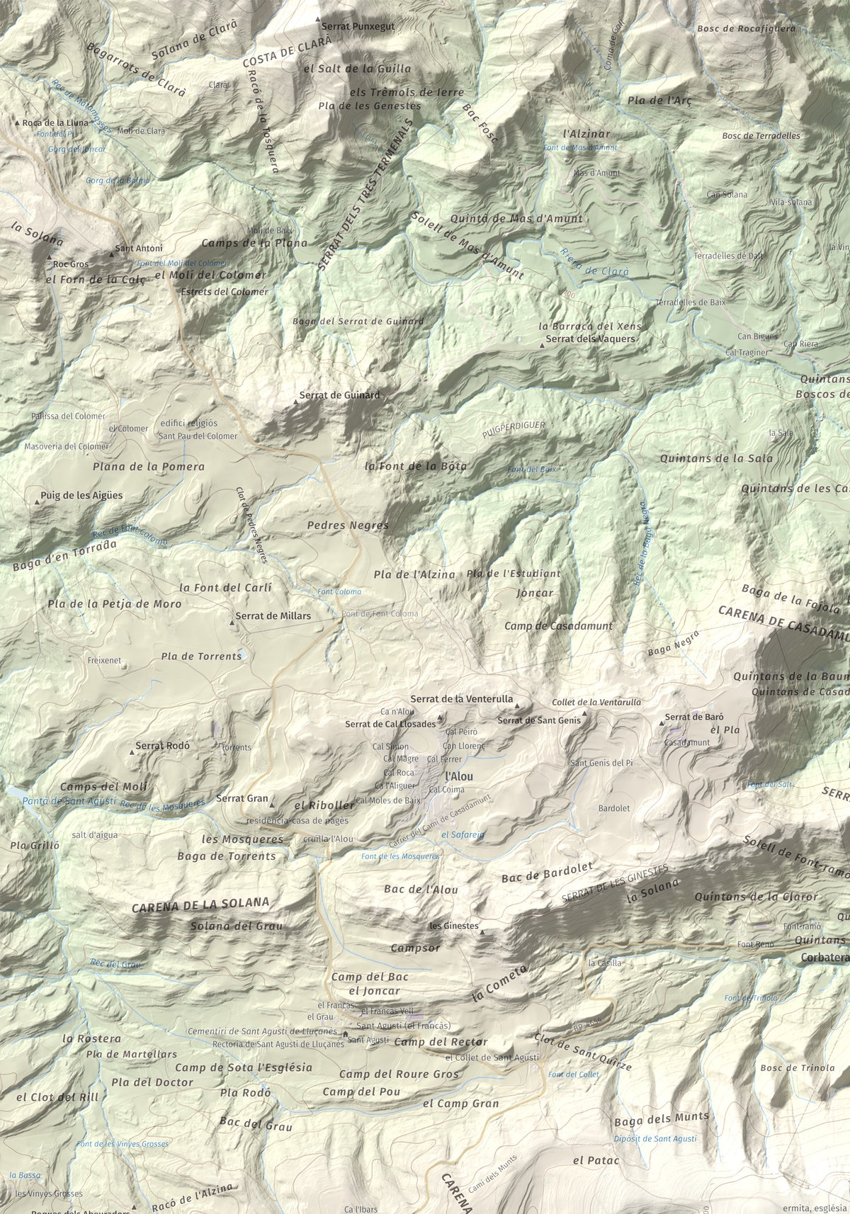 Mapa de relieve de Els Munts, 1057 m, Osona, lámina 100 Cims de Trobart. Detalle de la zona superior izquierda. 70 × 100 cm.