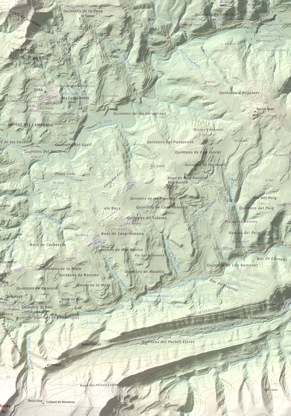 Mapa de relieve de Els Munts, 1057 m, Osona, lámina 100 Cims de Trobart. Detalle de la zona superior derecha. 70 × 100 cm.