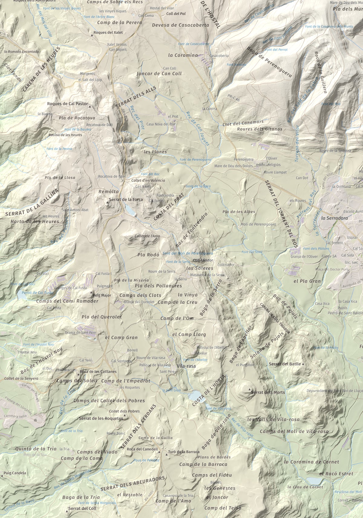 Mapa de relieve de Els Munts, 1057 m, Osona, lámina 100 Cims de Trobart. Detalle de la zona inferior izquierda. 70 × 100 cm.