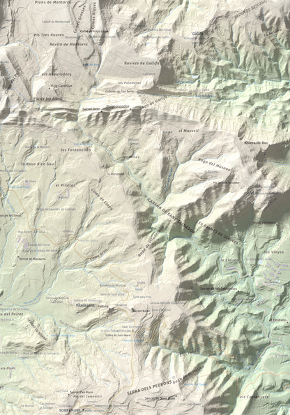 Mapa de relieve de Els Munts, 1057 m, Osona, lámina 100 Cims de Trobart. Detalle de la zona inferior derecha. 70 × 100 cm.