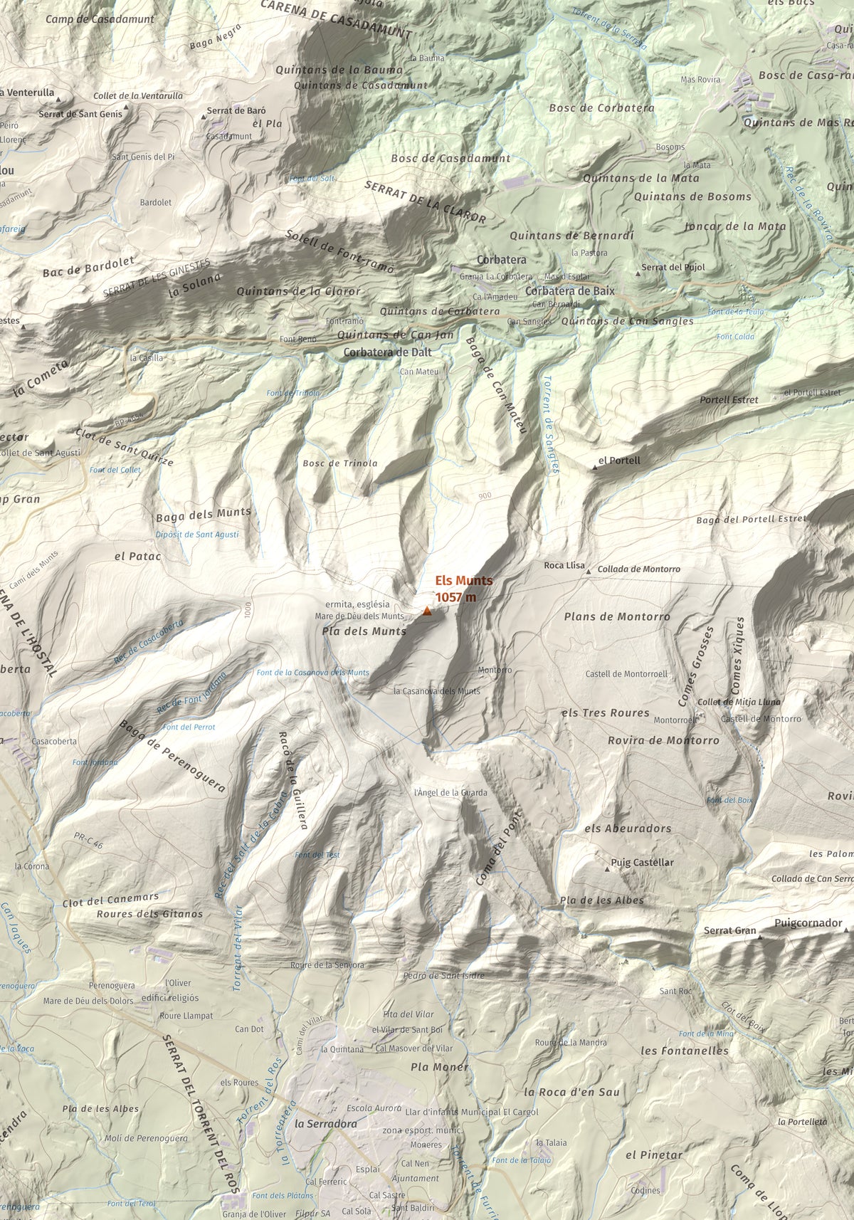 Mapa de relieve de Els Munts, 1057 m, Osona, lámina 100 Cims de Trobart. Detalle de la zona central. 70 × 100 cm.