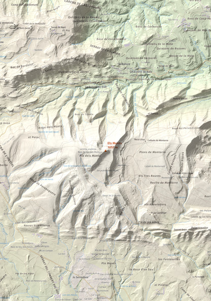 Mapa de relieve de Els Munts, 1057 m, Osona, lámina 100 Cims de Trobart. Detalle de la zona central. 70 × 100 cm.