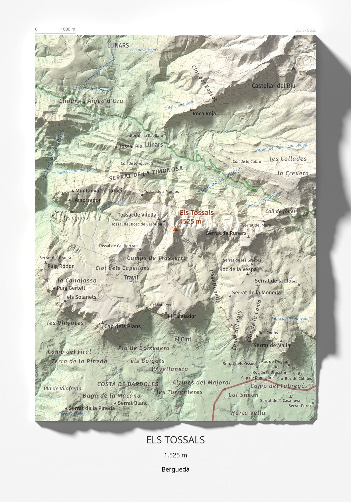 Mapa de relieve de Els Tossals, 1525 m, Berguedà, lámina 100 Cims de Trobart 21 × 30 cm.