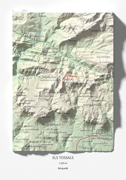 Mapa de relieve de Els Tossals, 1525 m, Berguedà, lámina 100 Cims de Trobart 21 × 30 cm.