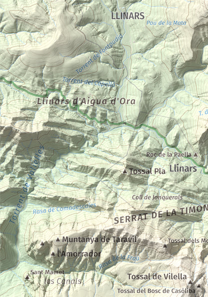 Mapa de relieve de Els Tossals, 1525 m, Berguedà, lámina 100 Cims de Trobart. Detalle de la zona superior izquierda. 21 × 30 cm.