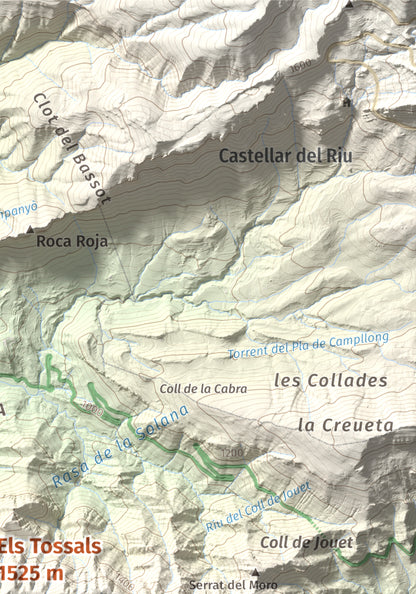 Mapa de relieve de Els Tossals, 1525 m, Berguedà, lámina 100 Cims de Trobart. Detalle de la zona superior derecha. 21 × 30 cm.