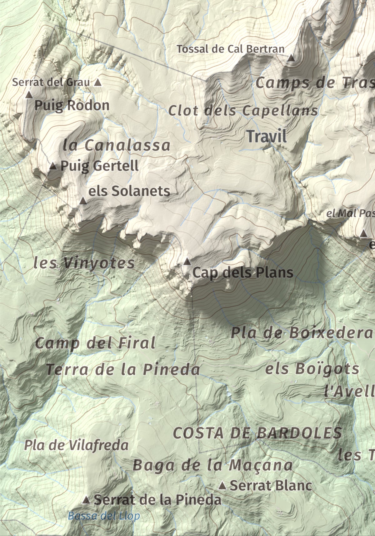 Mapa de relieve de Els Tossals, 1525 m, Berguedà, lámina 100 Cims de Trobart. Detalle de la zona inferior izquierda. 21 × 30 cm.