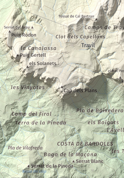 Mapa de relieve de Els Tossals, 1525 m, Berguedà, lámina 100 Cims de Trobart. Detalle de la zona inferior izquierda. 21 × 30 cm.