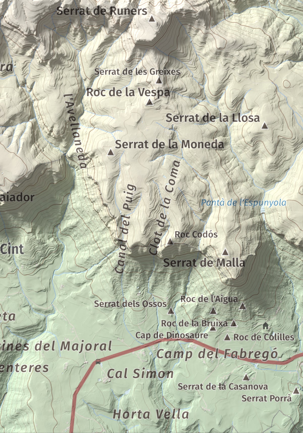 Mapa de relieve de Els Tossals, 1525 m, Berguedà, lámina 100 Cims de Trobart. Detalle de la zona inferior derecha. 21 × 30 cm.