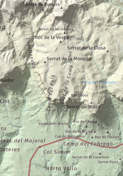 Mapa de relieve de Els Tossals, 1525 m, Berguedà, lámina 100 Cims de Trobart. Detalle de la zona inferior derecha. 21 × 30 cm.