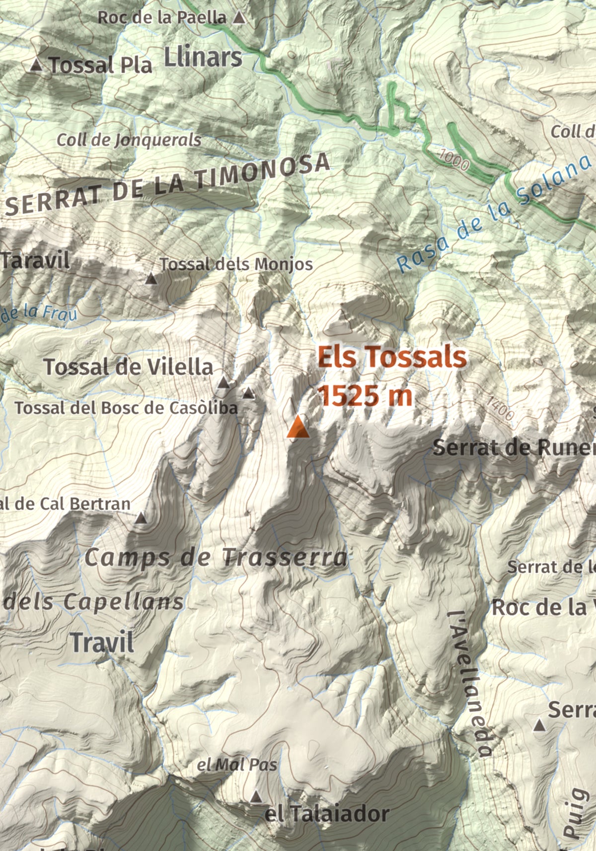 Mapa de relieve de Els Tossals, 1525 m, Berguedà, lámina 100 Cims de Trobart. Detalle de la zona central. 21 × 30 cm.