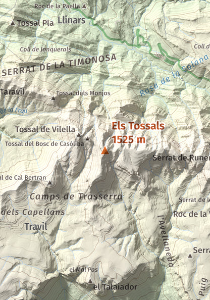 Mapa de relieve de Els Tossals, 1525 m, Berguedà, lámina 100 Cims de Trobart. Detalle de la zona central. 21 × 30 cm.