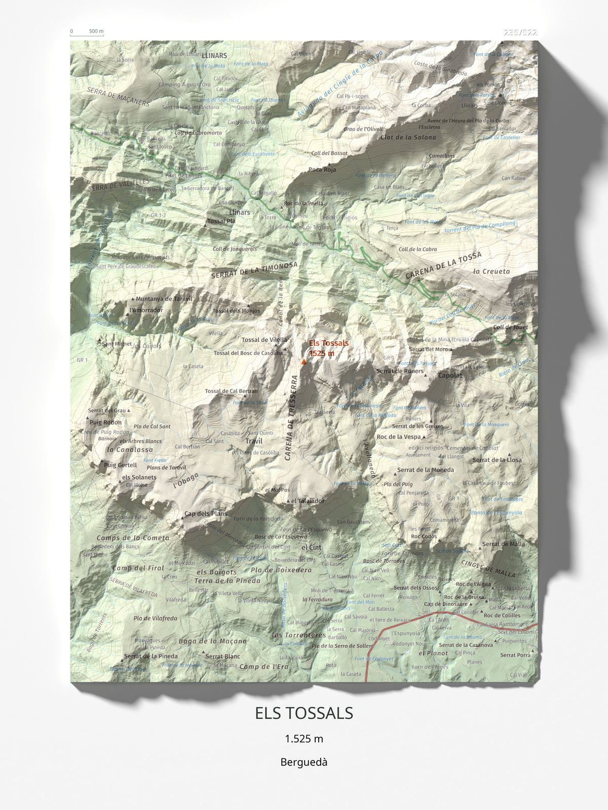 Mapa de relieve de Els Tossals, 1525 m, Berguedà, lámina 100 Cims de Trobart 30 × 40 cm.