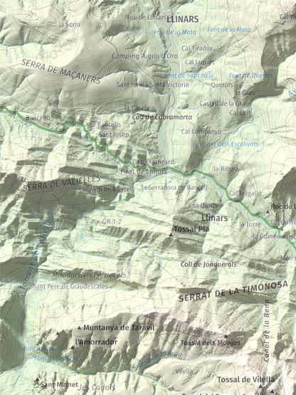 Mapa de relieve de Els Tossals, 1525 m, Berguedà, lámina 100 Cims de Trobart. Detalle de la zona superior izquierda. 30 × 40 cm.