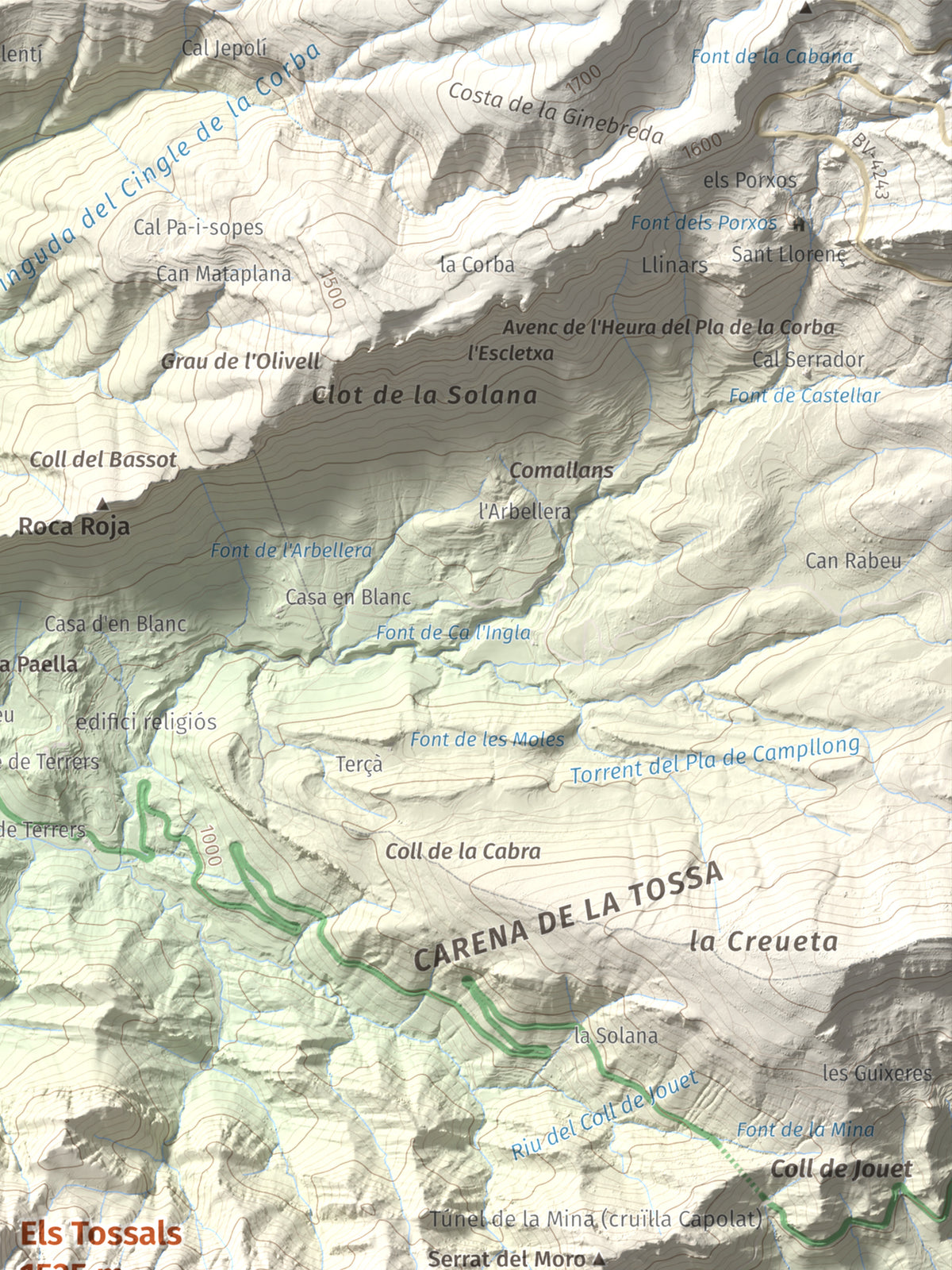 Mapa de relieve de Els Tossals, 1525 m, Berguedà, lámina 100 Cims de Trobart. Detalle de la zona superior derecha. 30 × 40 cm.