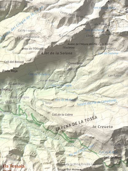 Mapa de relieve de Els Tossals, 1525 m, Berguedà, lámina 100 Cims de Trobart. Detalle de la zona superior derecha. 30 × 40 cm.