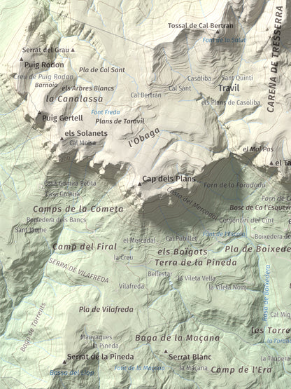 Mapa de relieve de Els Tossals, 1525 m, Berguedà, lámina 100 Cims de Trobart. Detalle de la zona inferior izquierda. 30 × 40 cm.