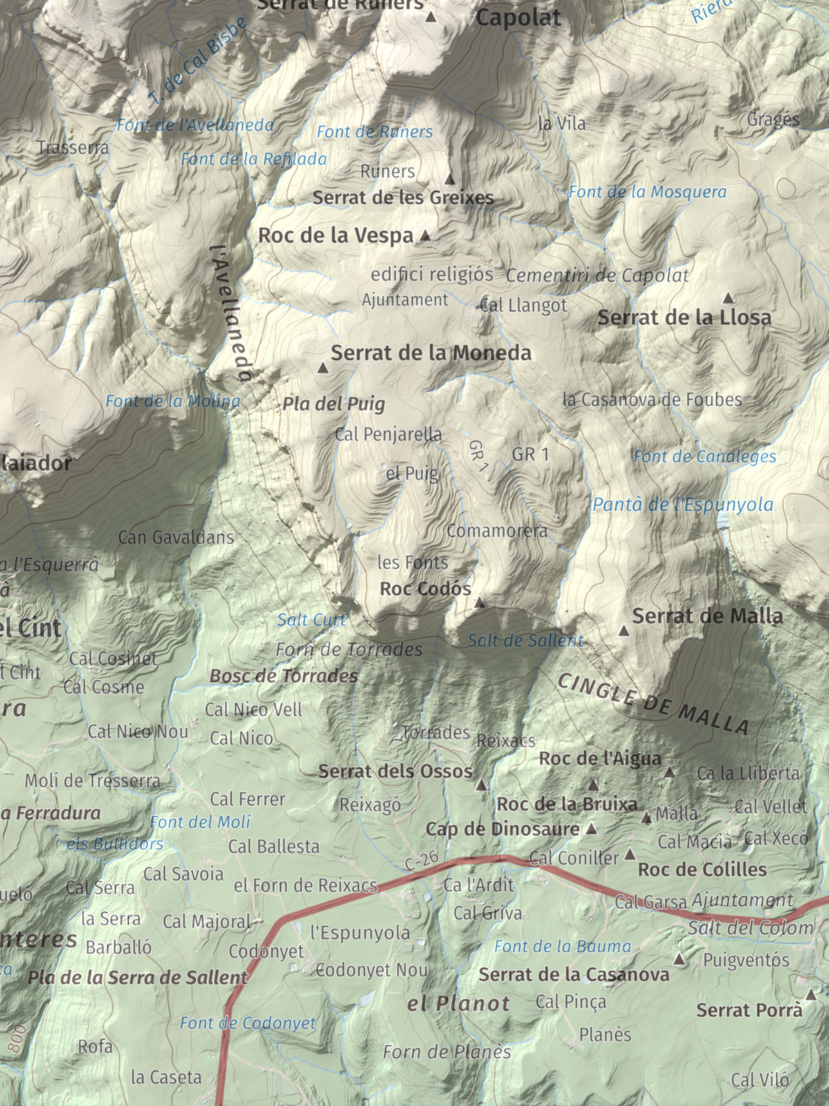 Mapa de relieve de Els Tossals, 1525 m, Berguedà, lámina 100 Cims de Trobart. Detalle de la zona inferior derecha. 30 × 40 cm.