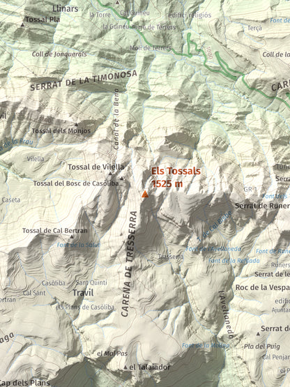 Mapa de relieve de Els Tossals, 1525 m, Berguedà, lámina 100 Cims de Trobart. Detalle de la zona central. 30 × 40 cm.