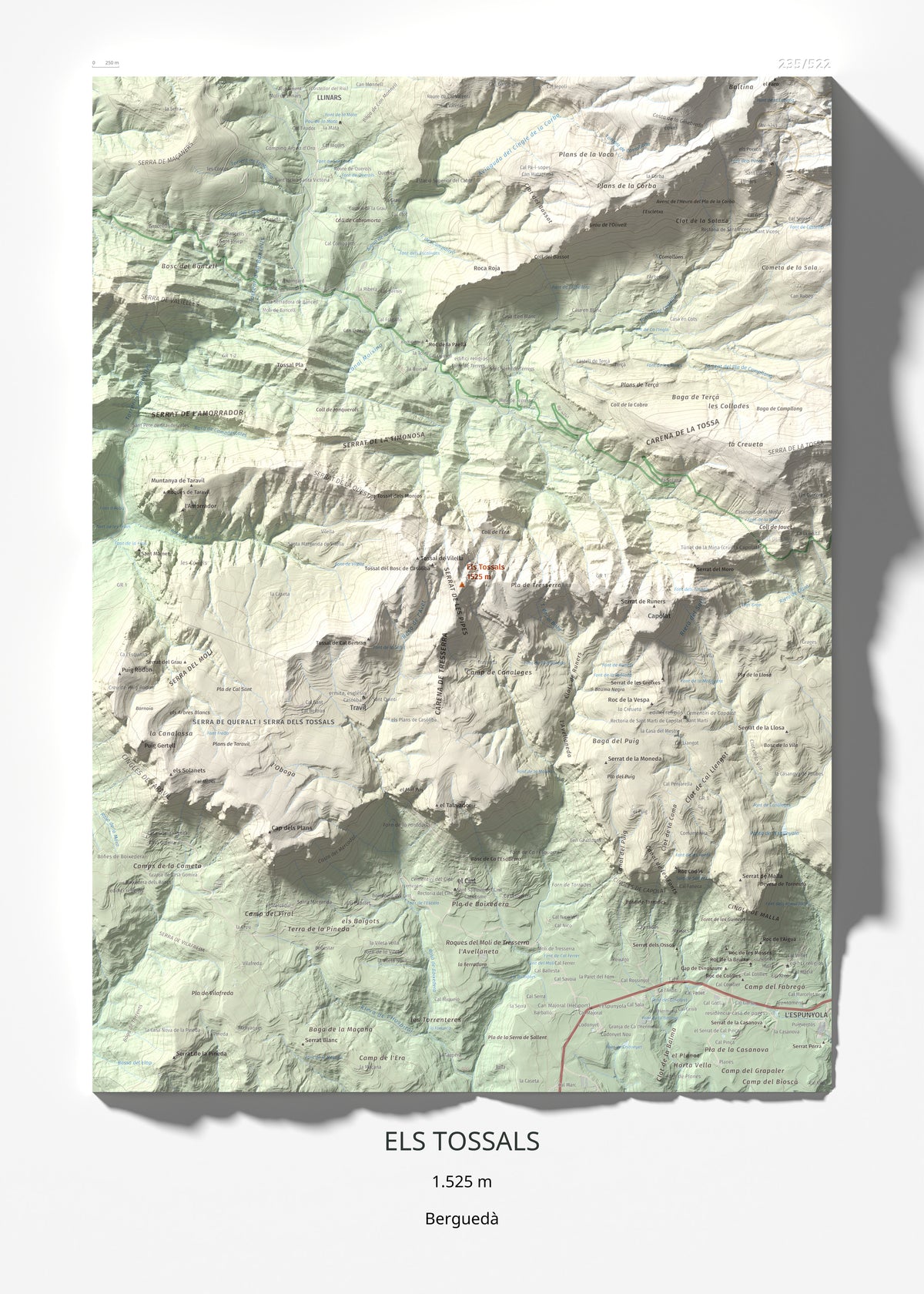 Mapa de relieve de Els Tossals, 1525 m, Berguedà, lámina 100 Cims de Trobart 50 × 70 cm.