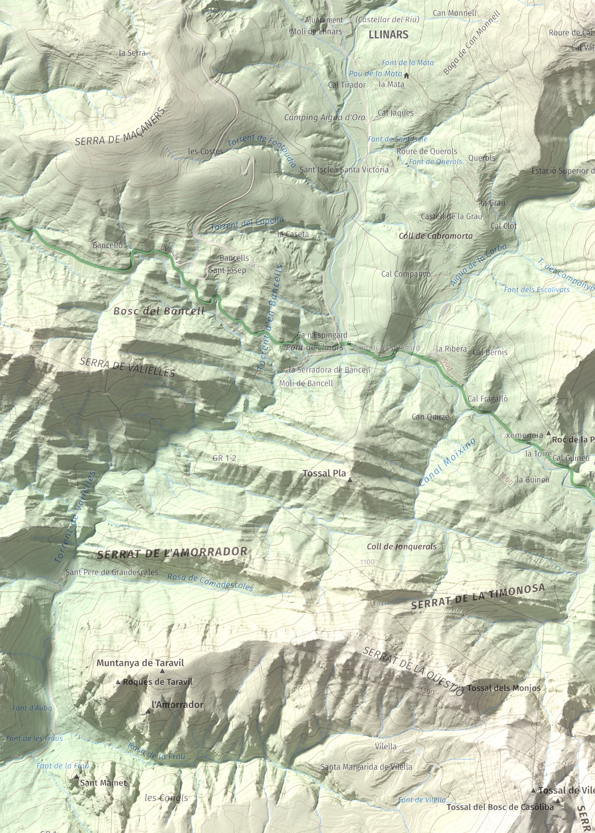 Mapa de relieve de Els Tossals, 1525 m, Berguedà, lámina 100 Cims de Trobart. Detalle de la zona superior izquierda. 50 × 70 cm.