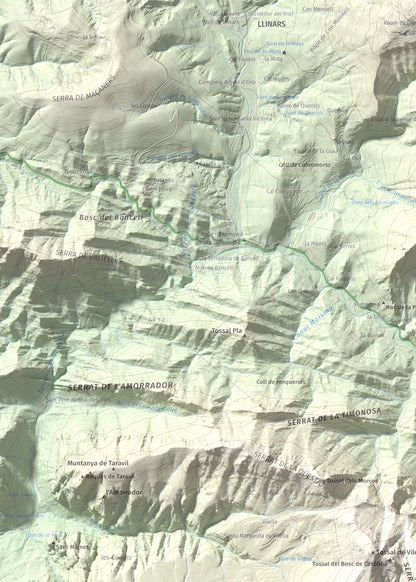 Mapa de relieve de Els Tossals, 1525 m, Berguedà, lámina 100 Cims de Trobart. Detalle de la zona superior izquierda. 50 × 70 cm.