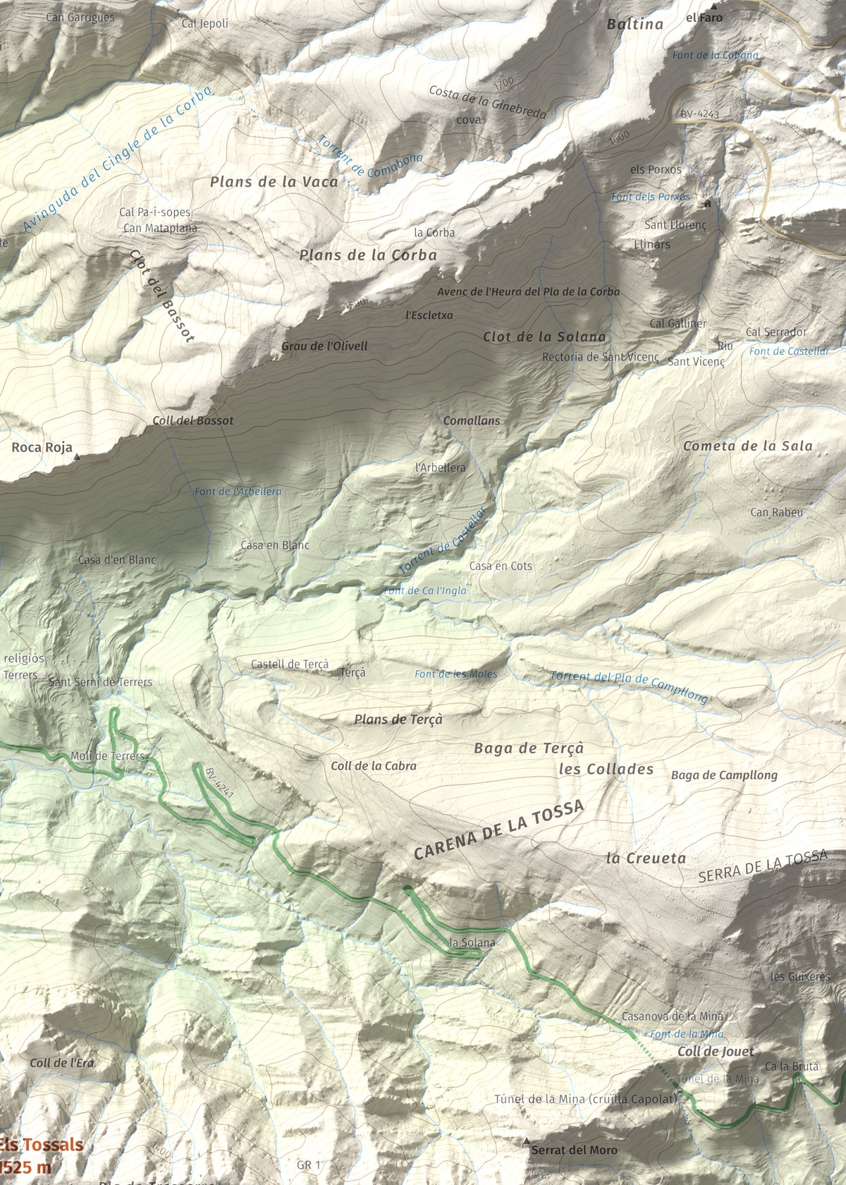 Mapa de relieve de Els Tossals, 1525 m, Berguedà, lámina 100 Cims de Trobart. Detalle de la zona superior derecha. 50 × 70 cm.