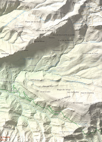 Mapa de relieve de Els Tossals, 1525 m, Berguedà, lámina 100 Cims de Trobart. Detalle de la zona superior derecha. 50 × 70 cm.