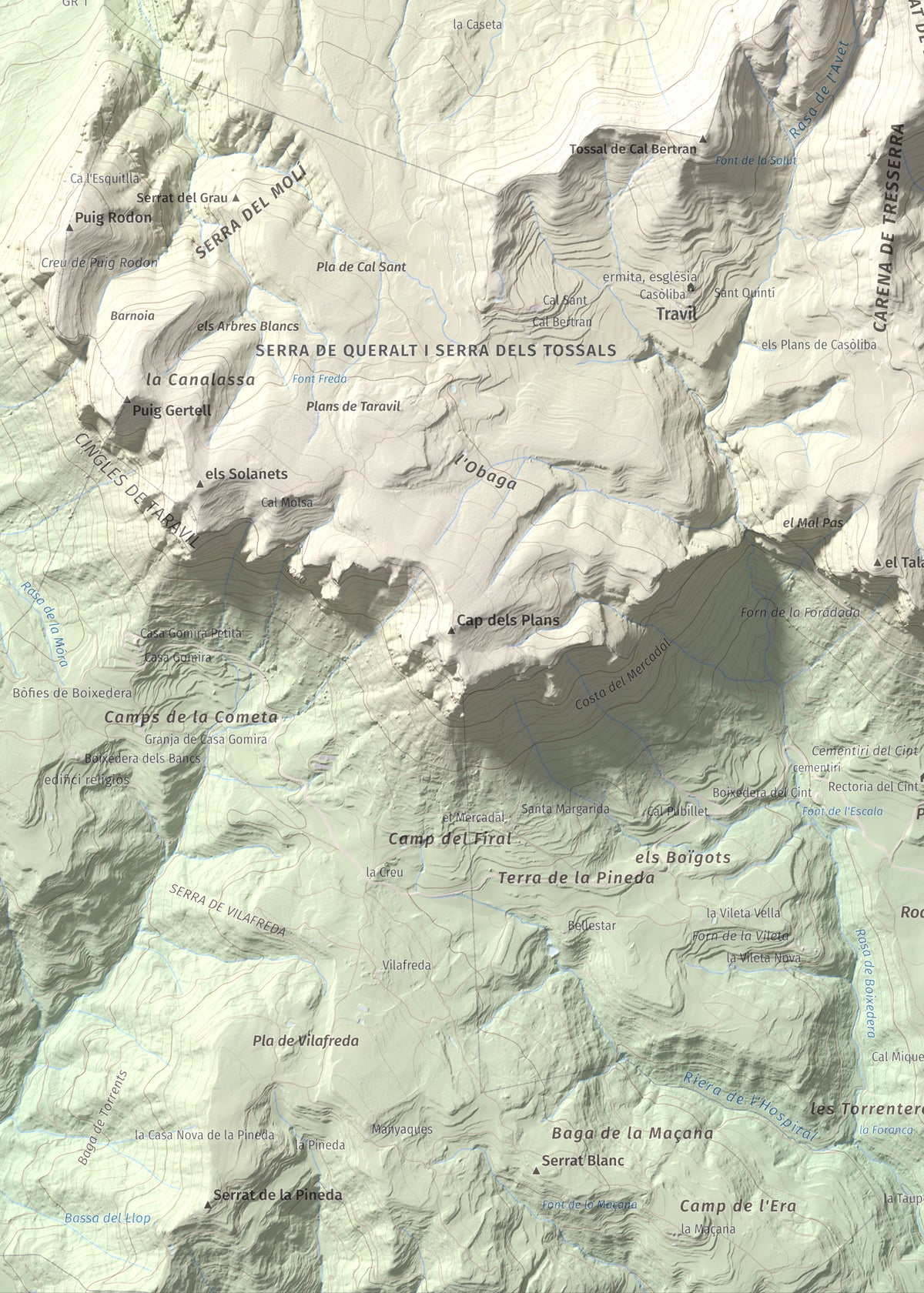 Mapa de relieve de Els Tossals, 1525 m, Berguedà, lámina 100 Cims de Trobart. Detalle de la zona inferior izquierda. 50 × 70 cm.