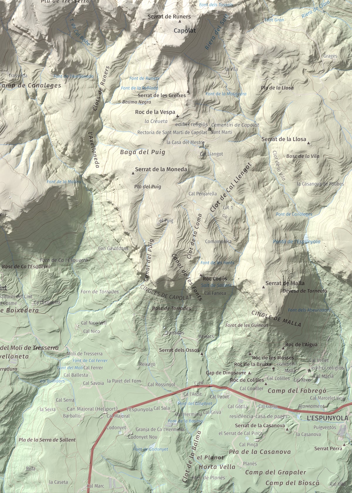 Mapa de relieve de Els Tossals, 1525 m, Berguedà, lámina 100 Cims de Trobart. Detalle de la zona inferior derecha. 50 × 70 cm.